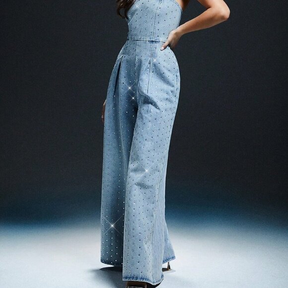 Light Wash Party Women's Rhinestone Detail Wide Leg Denim Jumpsuit - Picture 4 of 5